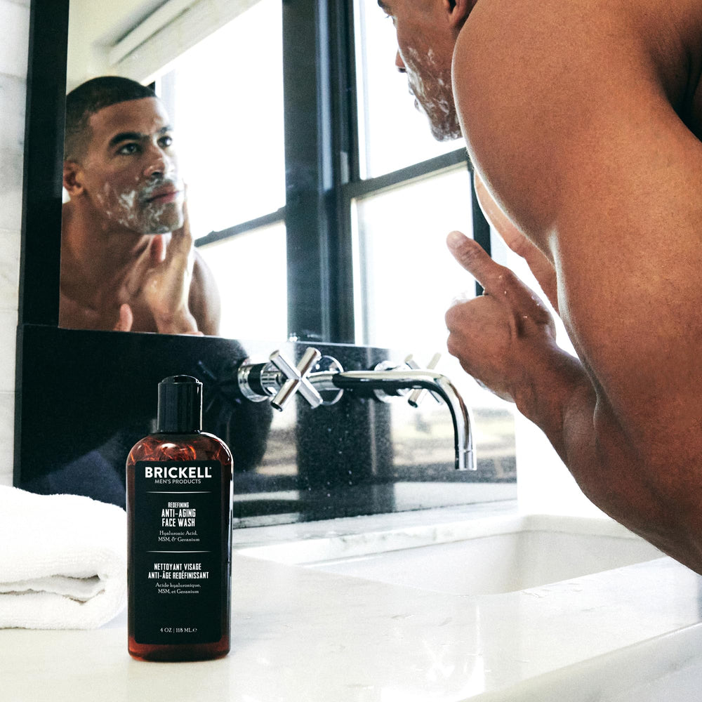 Brickell Men's Products pump dispense in palm illustrating easy application and control