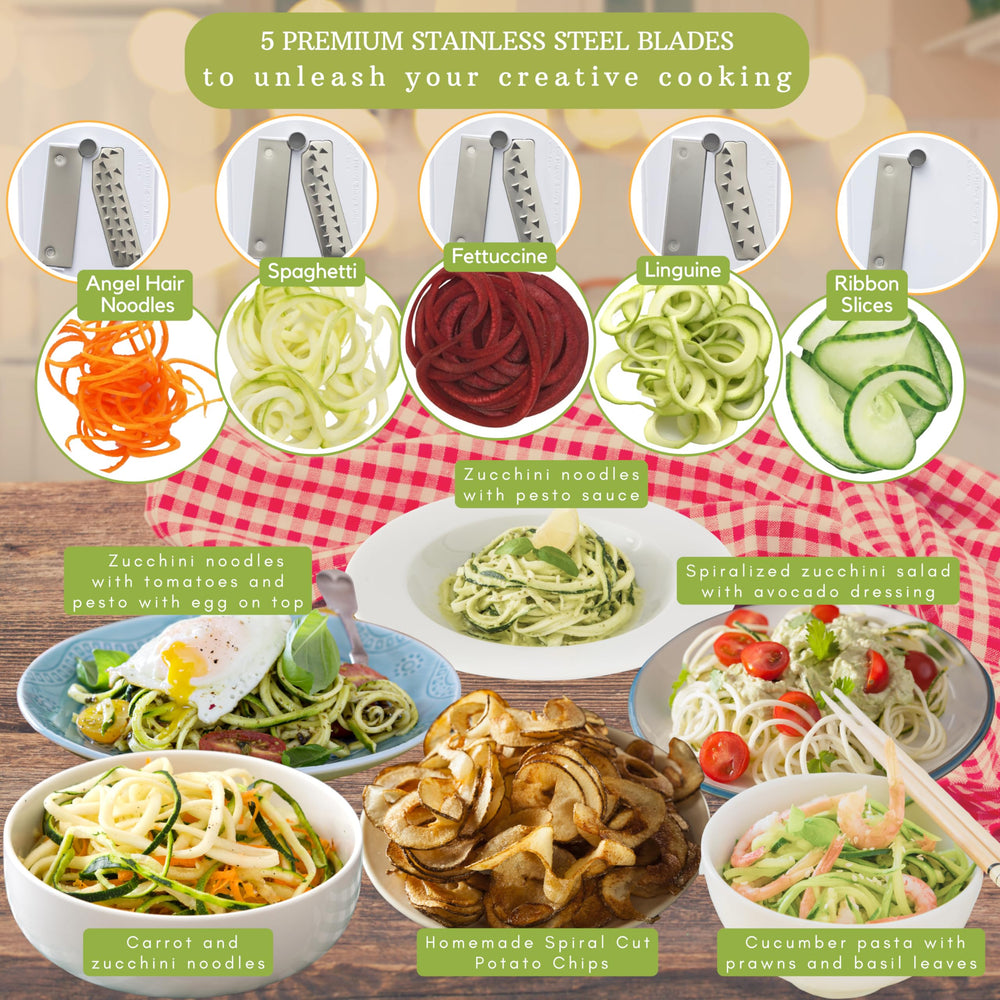 Brieftons spiralizer in use making zucchini noodles quickly and evenly