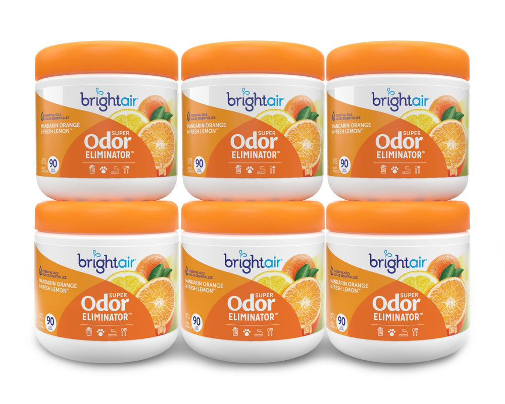 Bright Air front packaging showing six 14 oz jars and citrus scent benefit