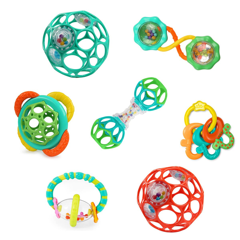 Bright Starts front packaging showing the full seven-piece gift set and portability benefits
