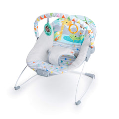 Bright Starts front view of Safari Fun bouncer showing vibrant jungle print and compact frame for easy use