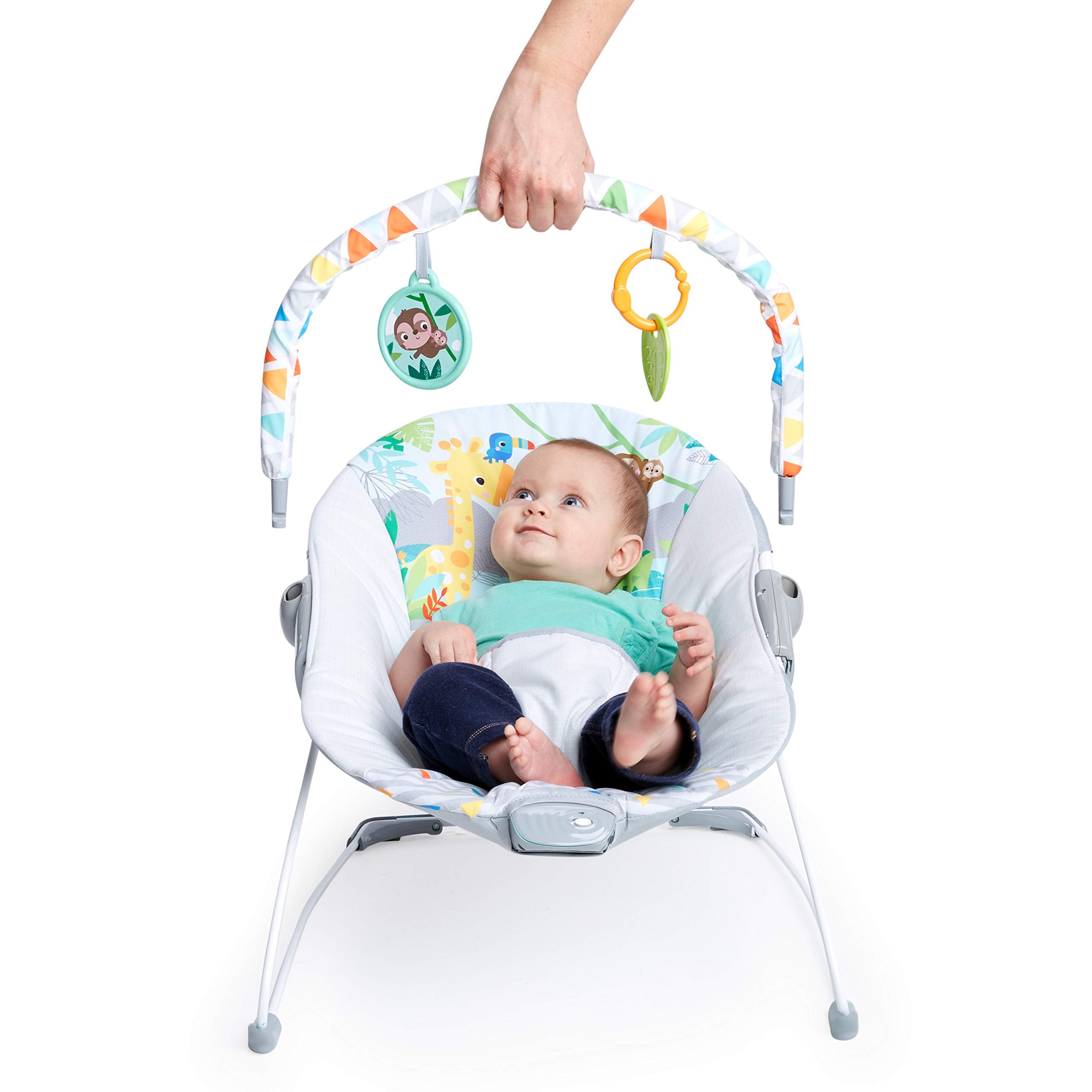 Bright Starts baby in bouncer lifestyle scene showing vibration use and parent supervision benefit