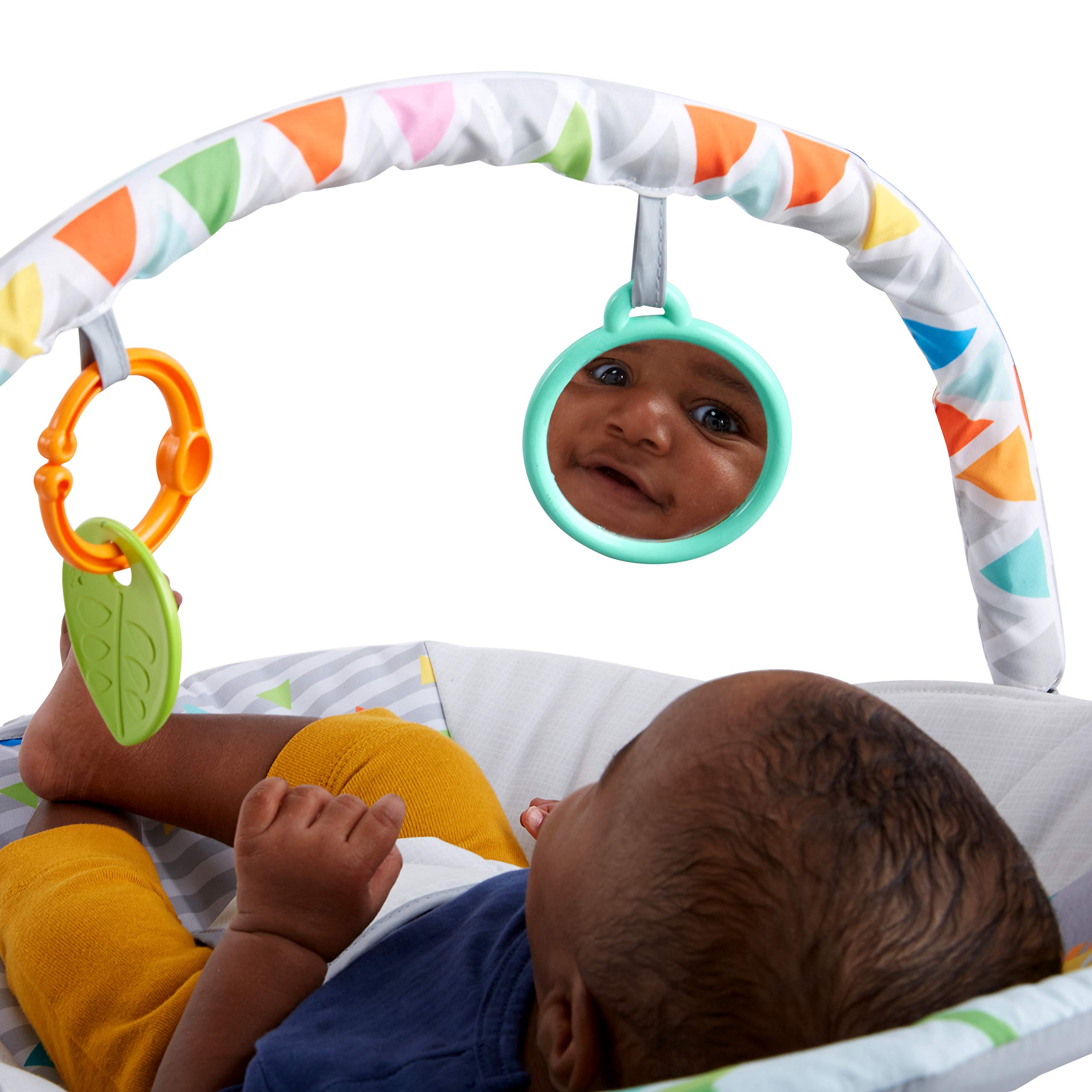 Bright Starts close-up of hanging toys illustrating bright shapes that promote reaching and play