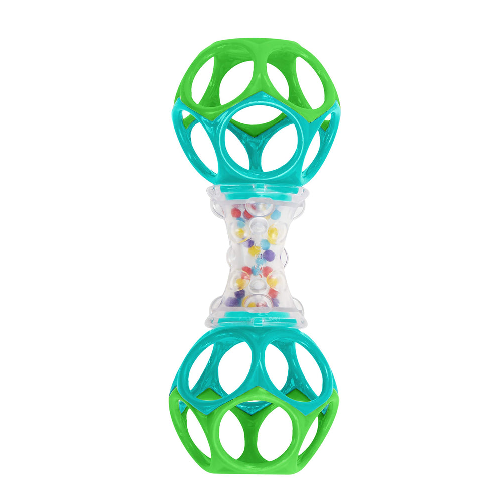 Bright Starts toy in adult hand for size comparison and easy baby handling benefit