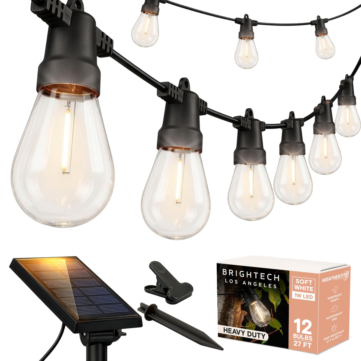 Brightech front packaging showing full 27ft solar string lights and included panel benefit durability