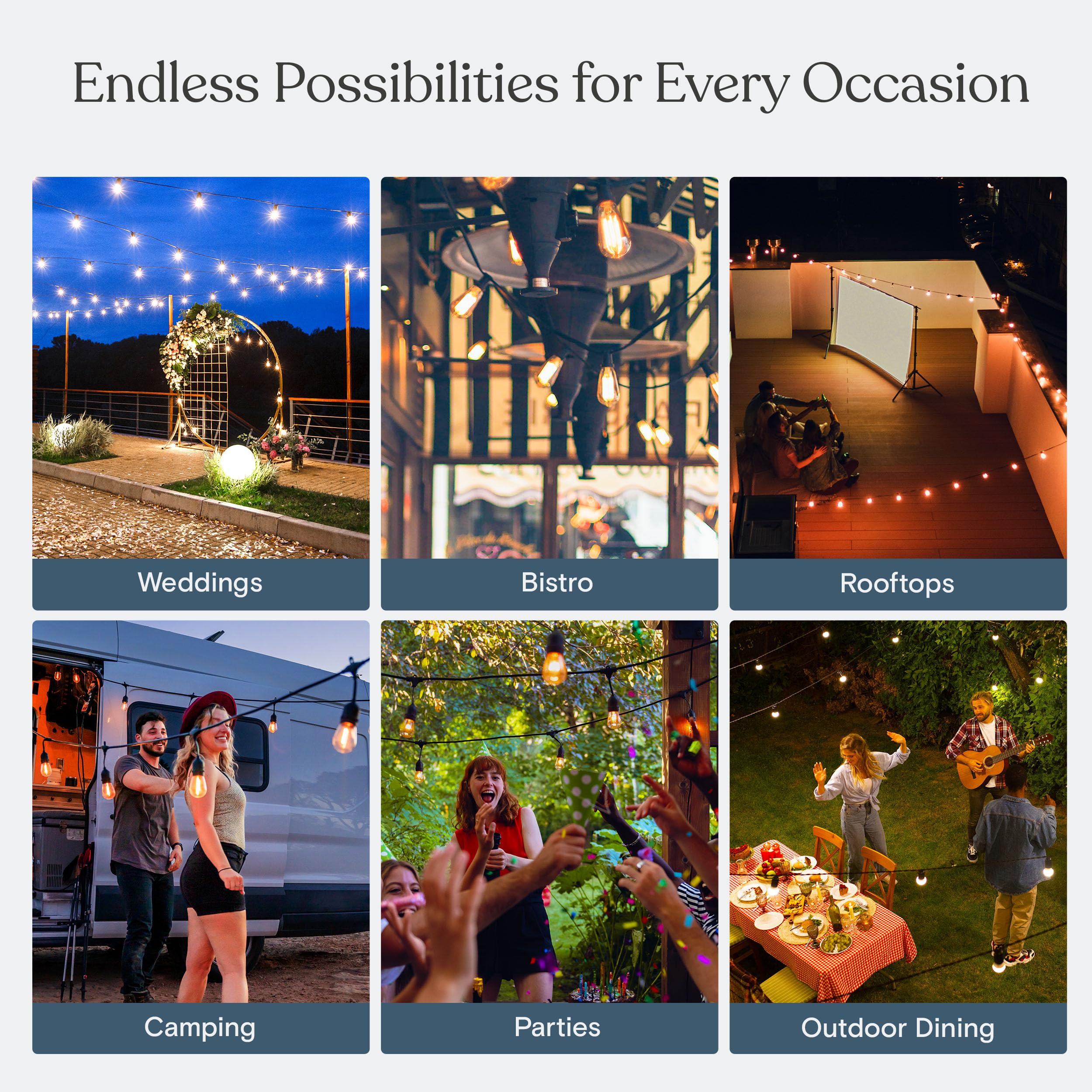 Brightech lights over garden table for party illustrating decorative mood and easy installation benefit