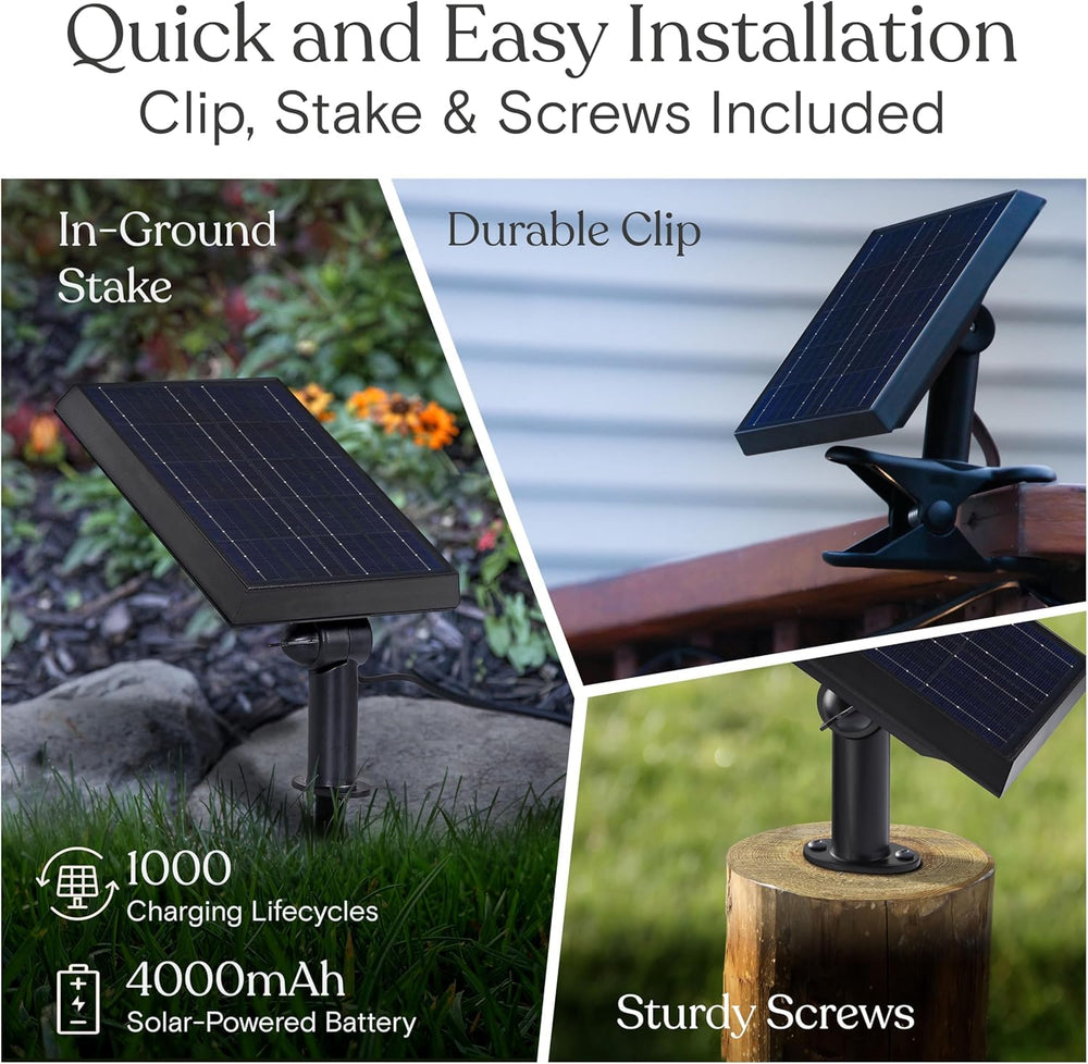 Brightech solar panel mounted with stake demonstrating hands-free charging and placement benefit