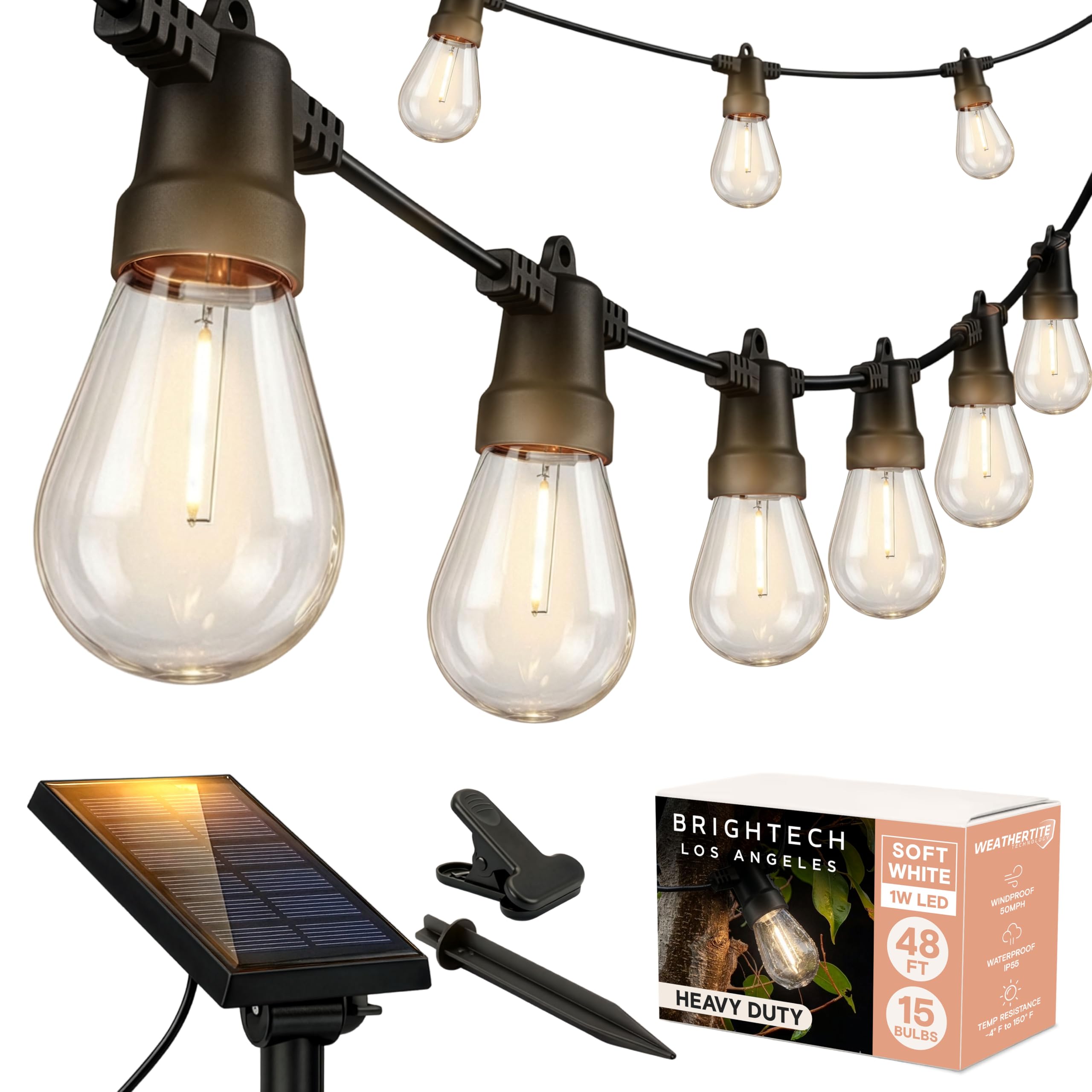 Brightech front view of 48ft string lights showing warm soft-white ambiance