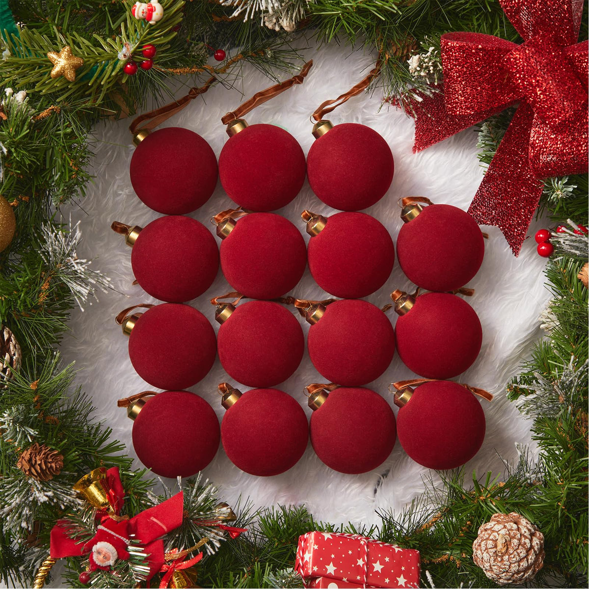 Brightown red velvet ornaments front view showing elegant set benefit