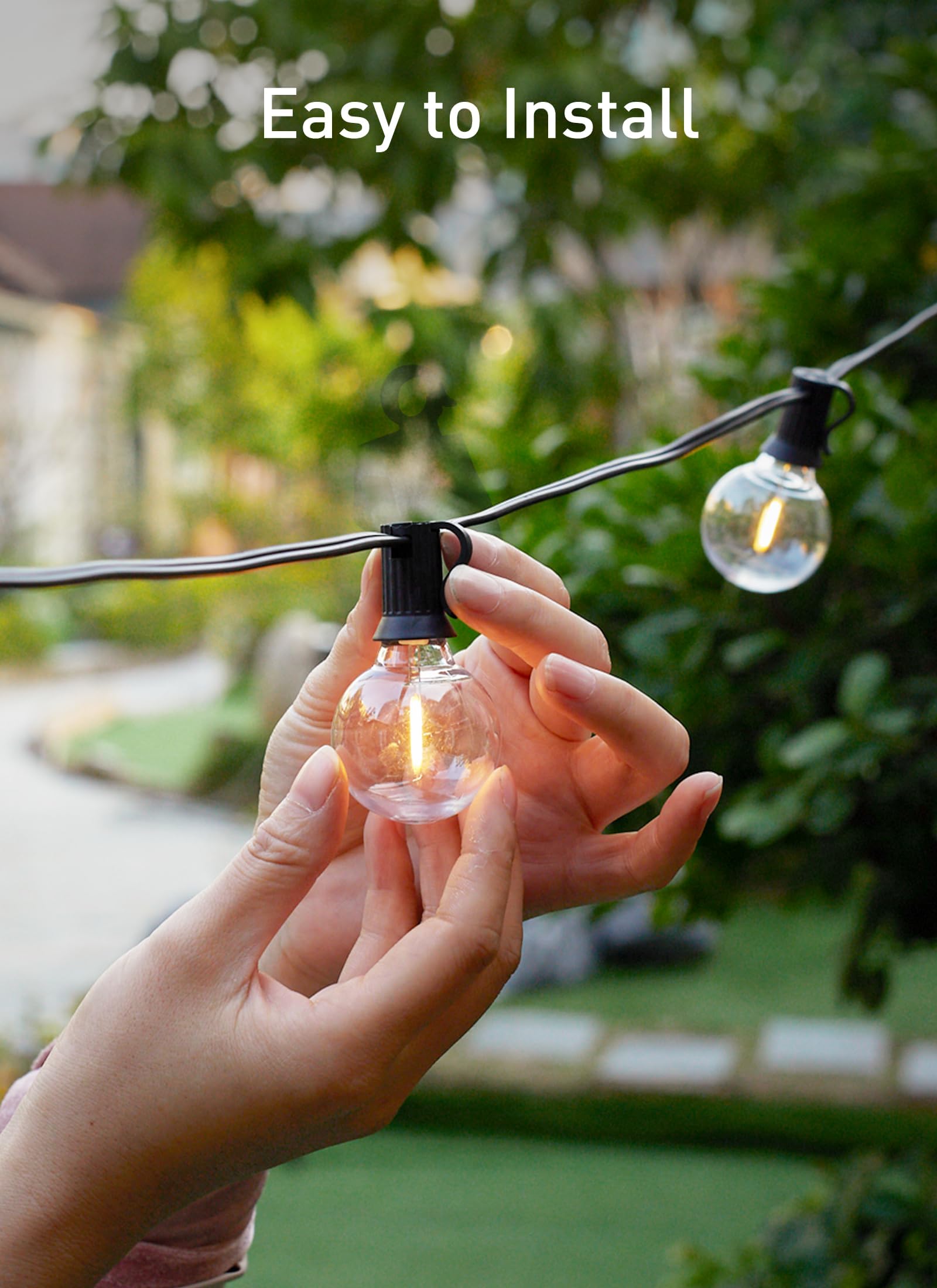 Brightown patio lit by G40 bulbs creating warm inviting outdoor setting
