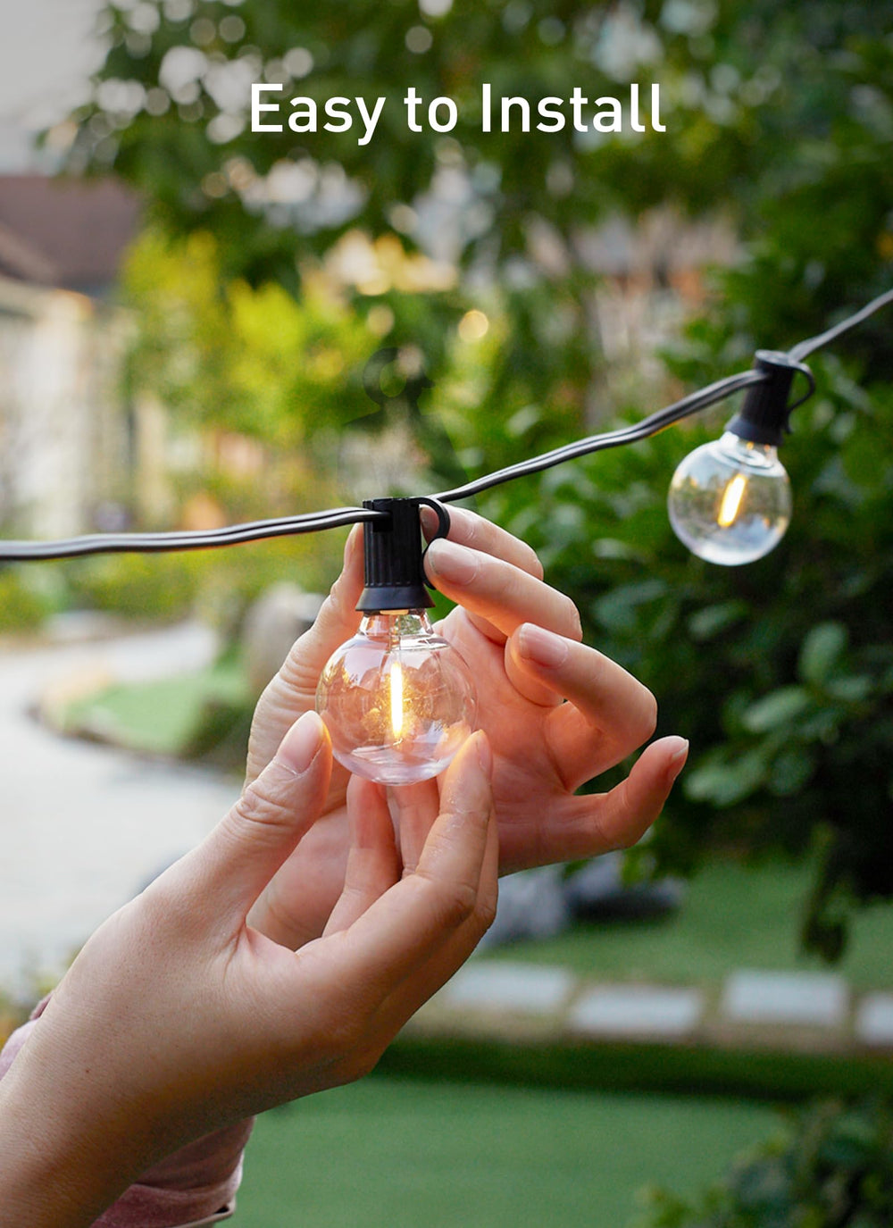 Brightown patio lit by G40 bulbs creating warm inviting outdoor setting