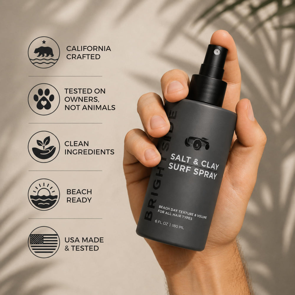 BRIGHTSIDE lifestyle shot on a beach highlighting textured, natural-looking style benefit