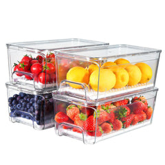 Brippo front view of four clear stackable fridge drawers showing organization benefit