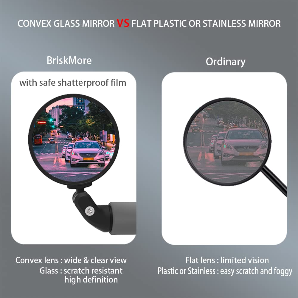 BriskMore mirror mounted on handlebar demonstrating secure fit and improved awareness