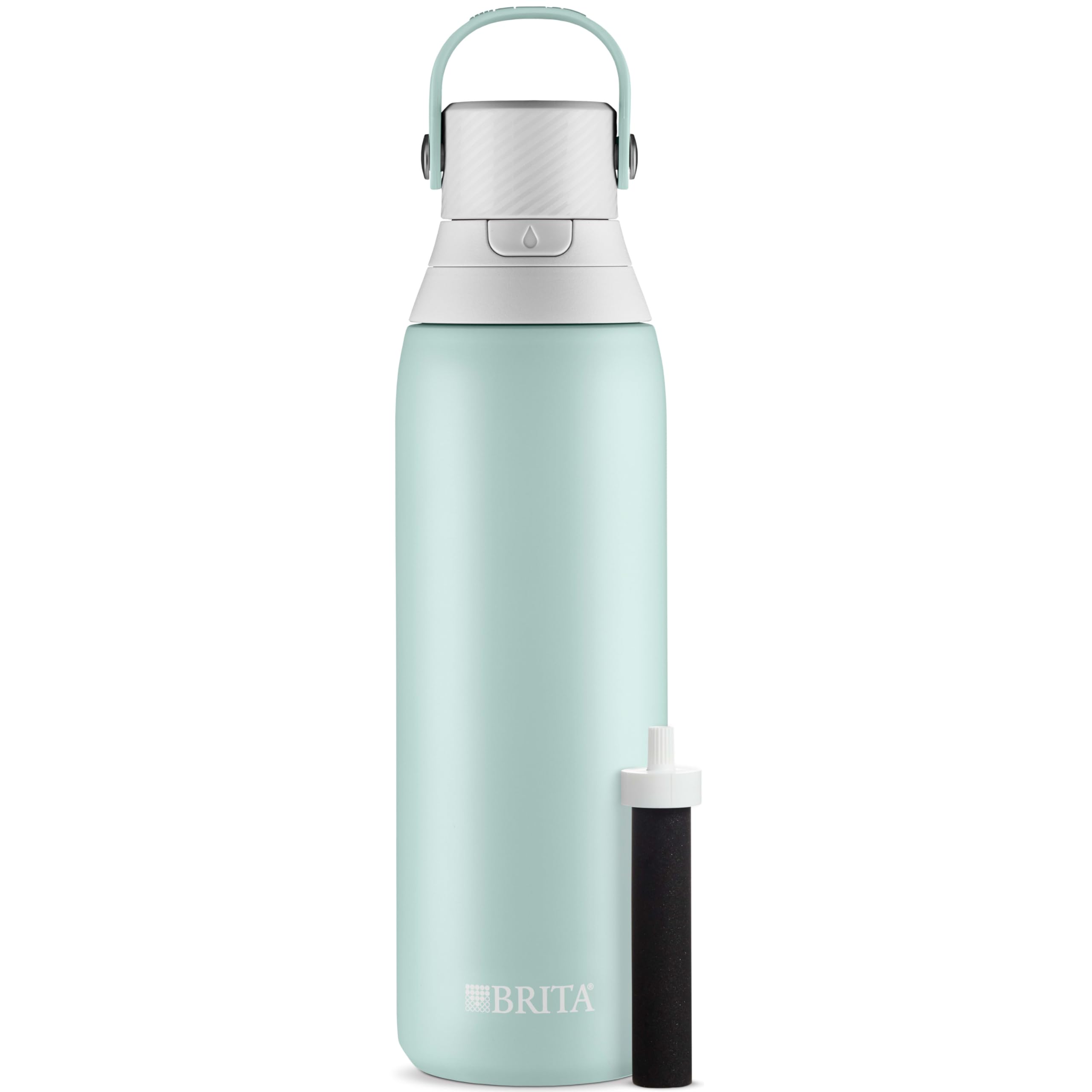 BRITA bottle tucked in backpack illustrating travel-friendly leakproof design