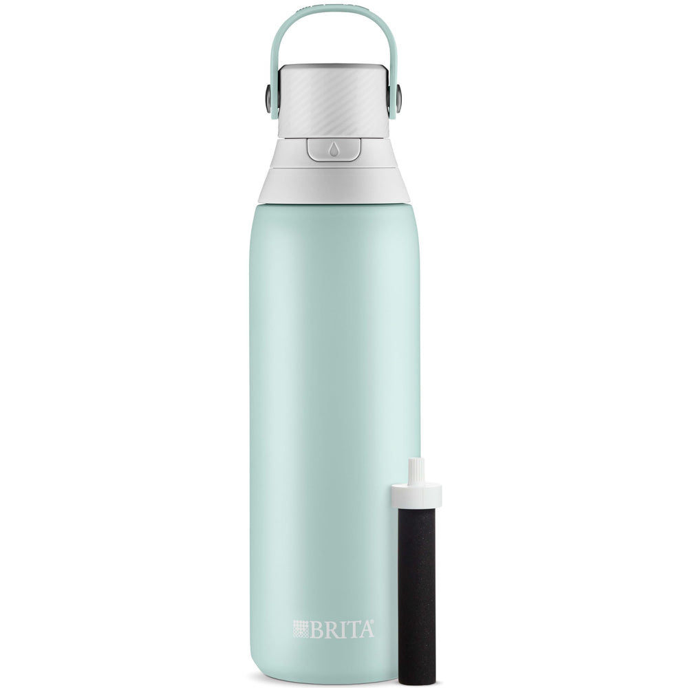 BRITA bottle tucked in backpack illustrating travel-friendly leakproof design