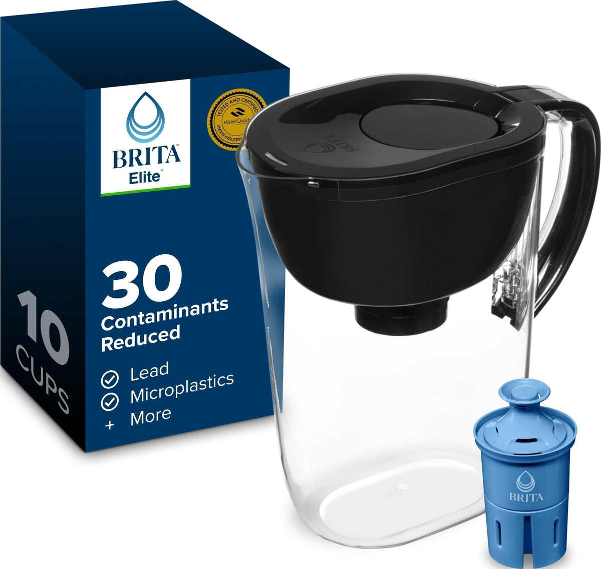 BRITA front view of Everyday Elite pitcher showing sleek black design and capacity benefit