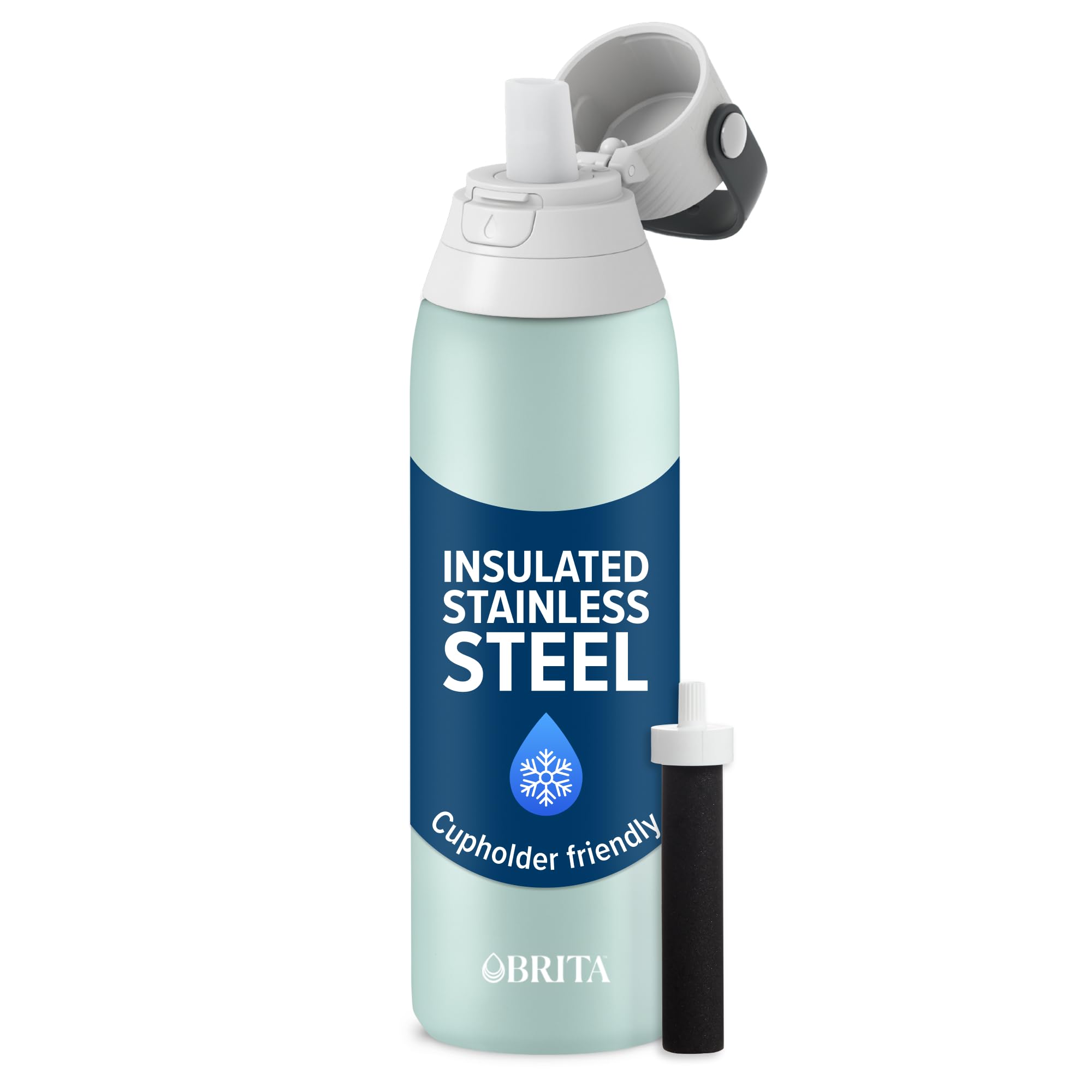 BRITA front view of 20 oz glacier bottle showing sleek insulated design and portability