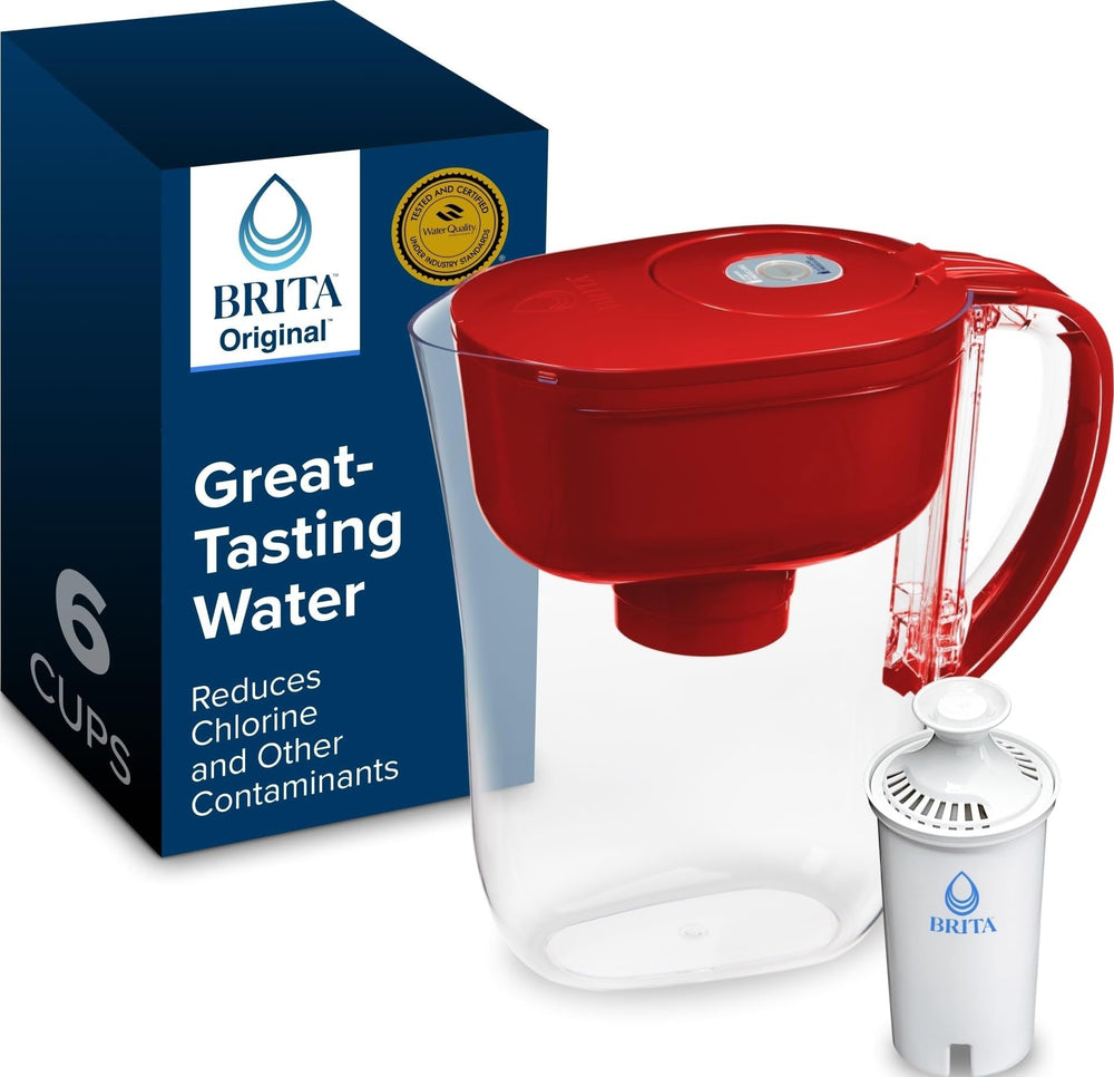 BRITA Metro front view in fiery red showing compact design and easy pour benefit