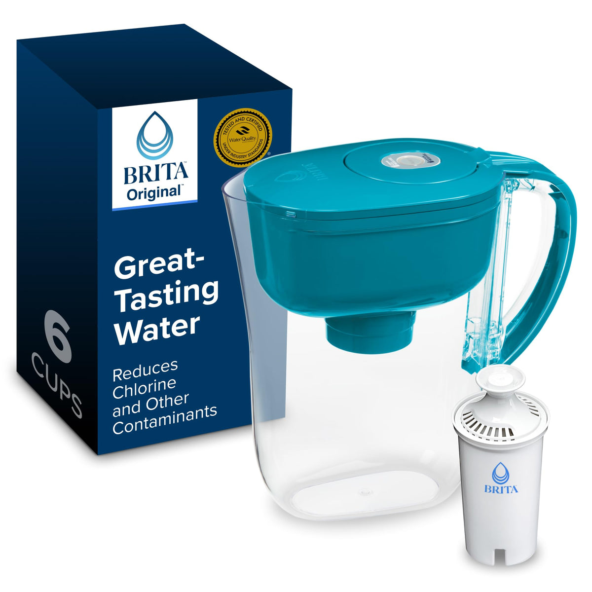 BRITA Metro front view in turquoise showing compact design and easy storage benefit