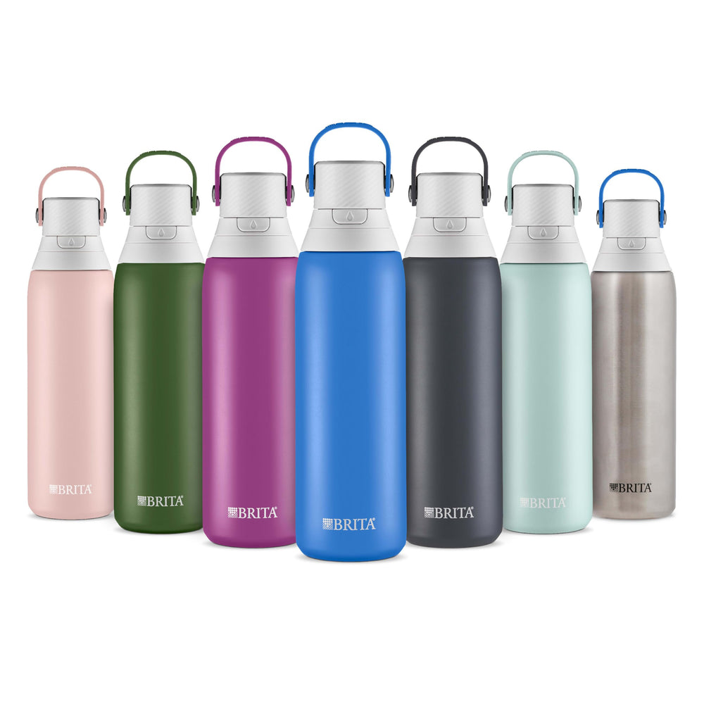 BRITA bottle beside laptop on office desk promoting better-tasting workday water