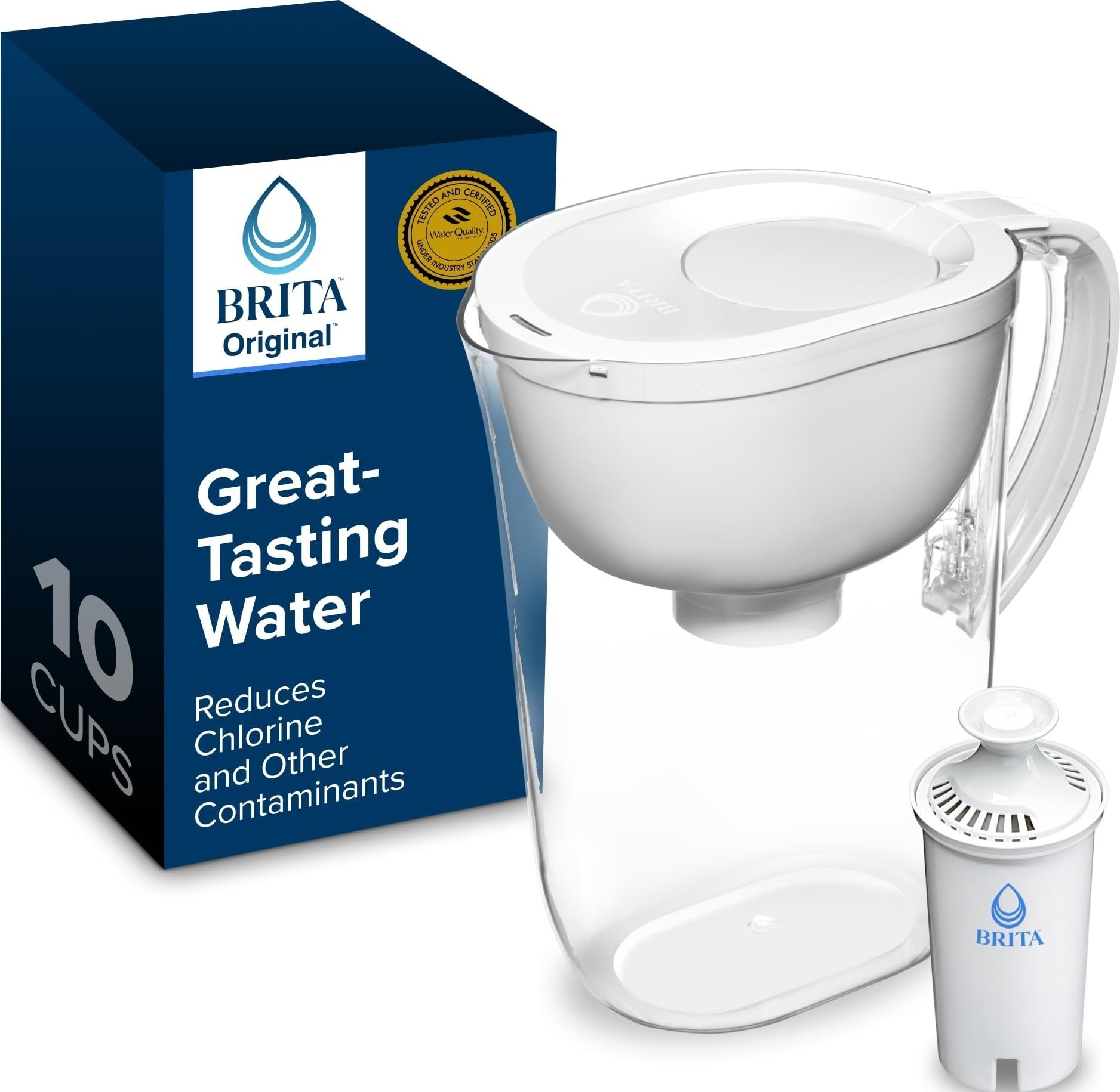BRITA pitcher front view in bright white showing clean design and easy pour
