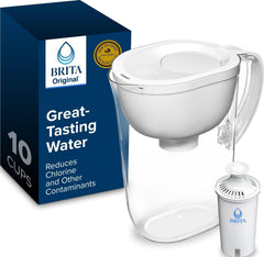 BRITA pitcher front view in bright white showing clean design and easy pour