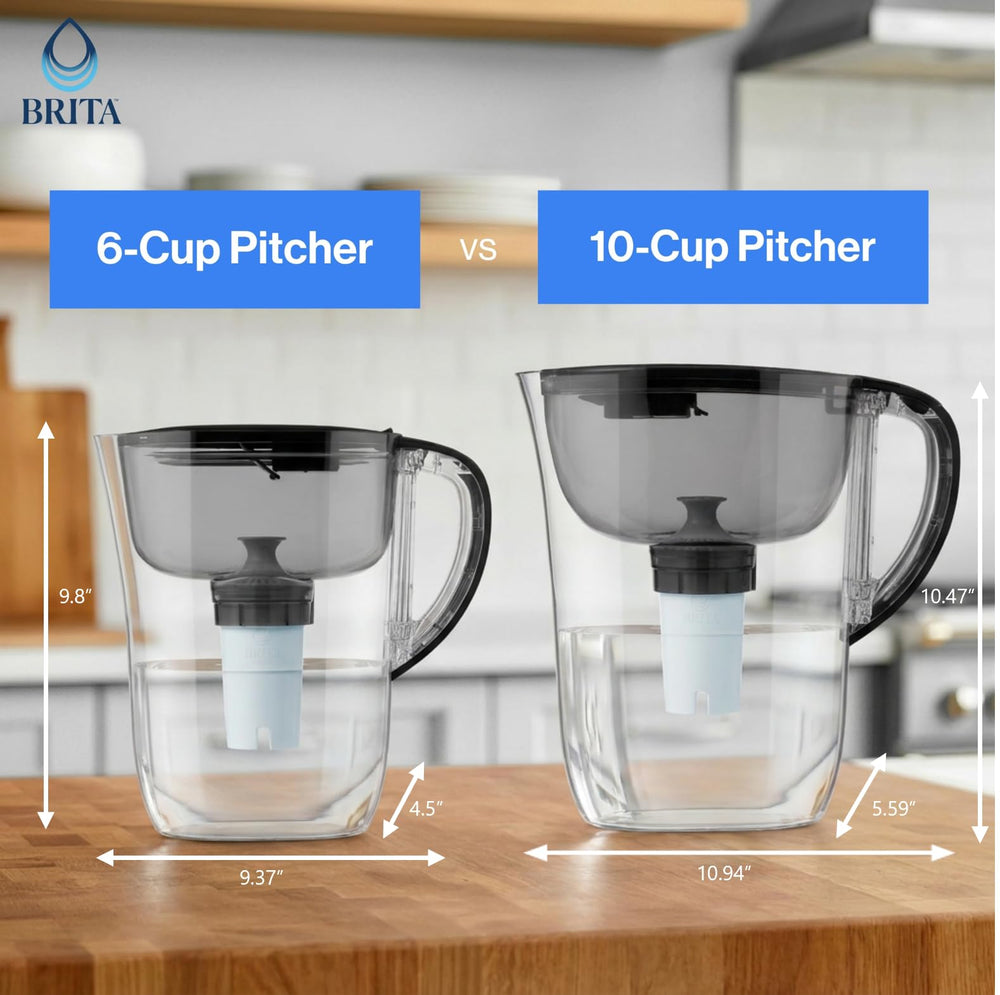 BRITA pitcher next to a water bottle showing space and waste-saving comparison