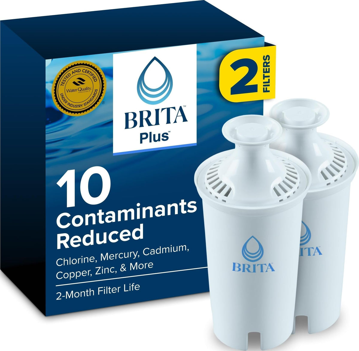 BRITA front packaging showing two-filter pack and benefits