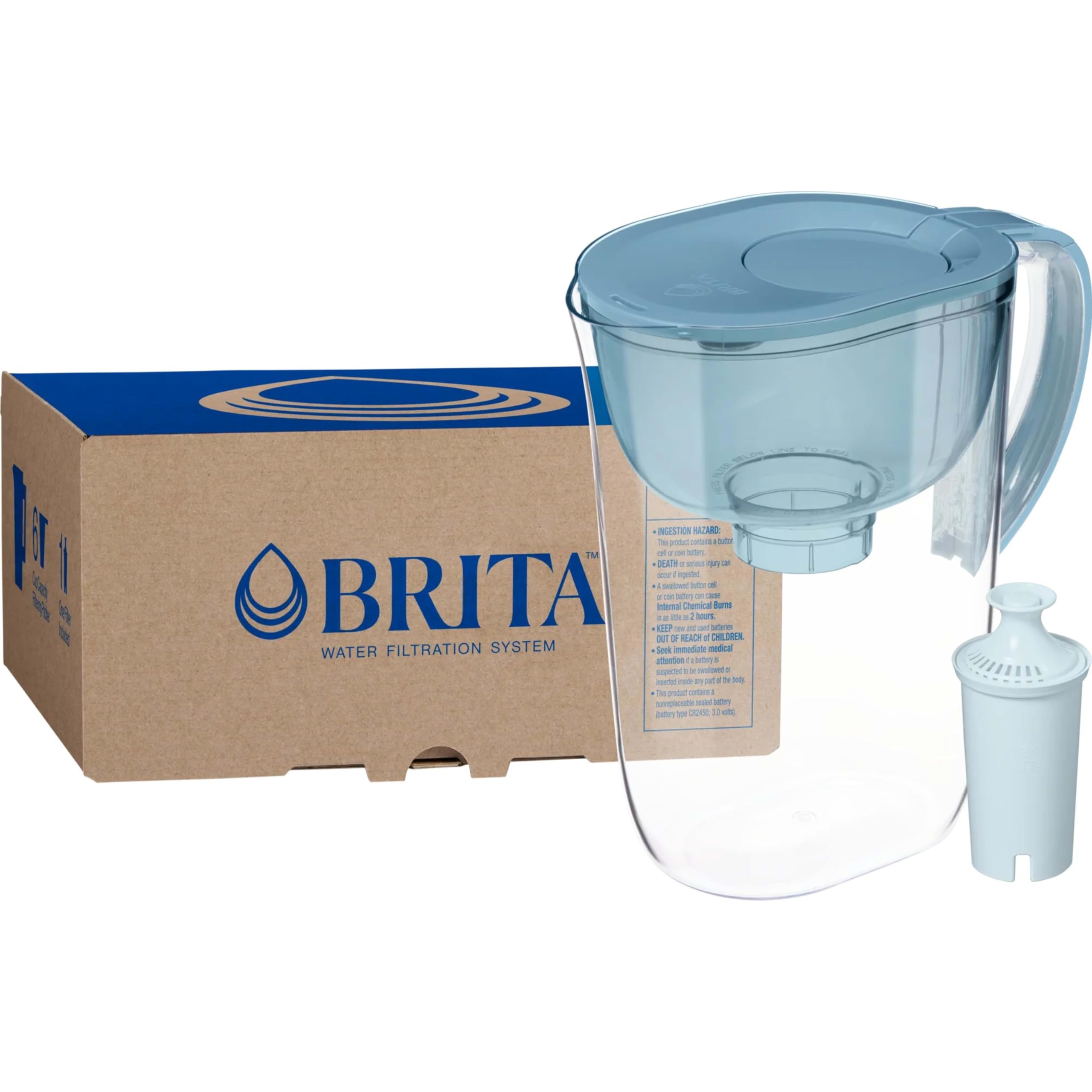 BRITA stone blue pitcher front view showing sleek shape and capacity benefit