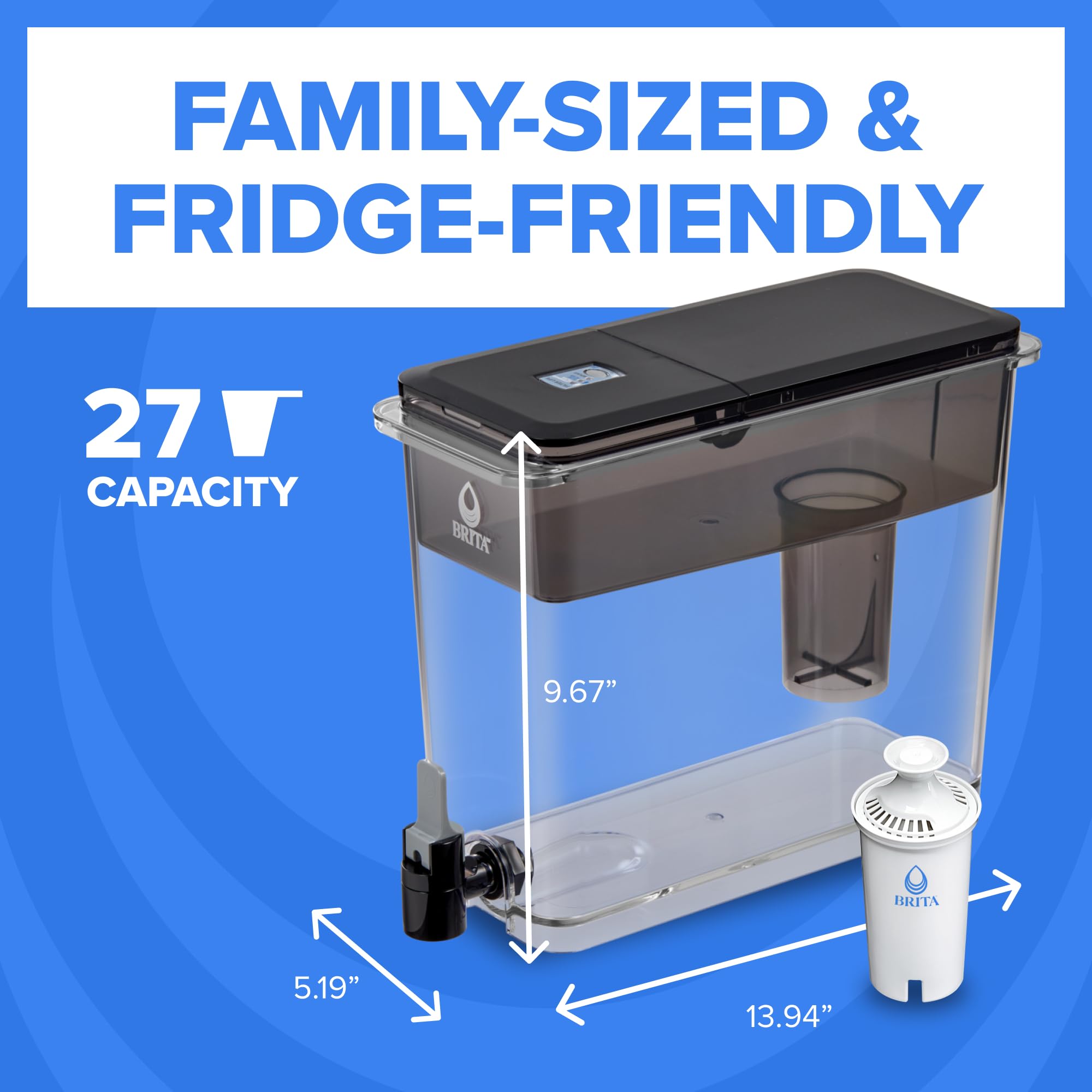 BRITA UltraMax dispensing water into a glass showing quick access to filtered water