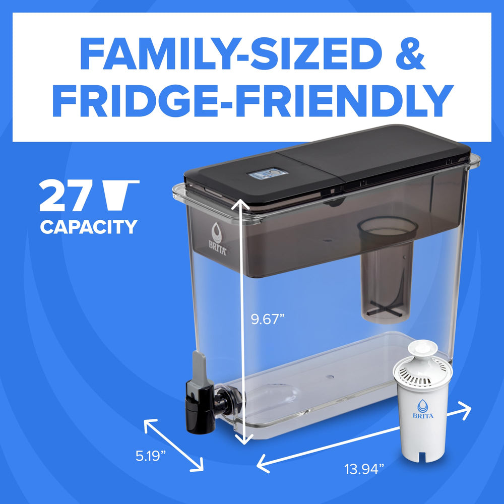 BRITA UltraMax dispensing water into a glass showing quick access to filtered water