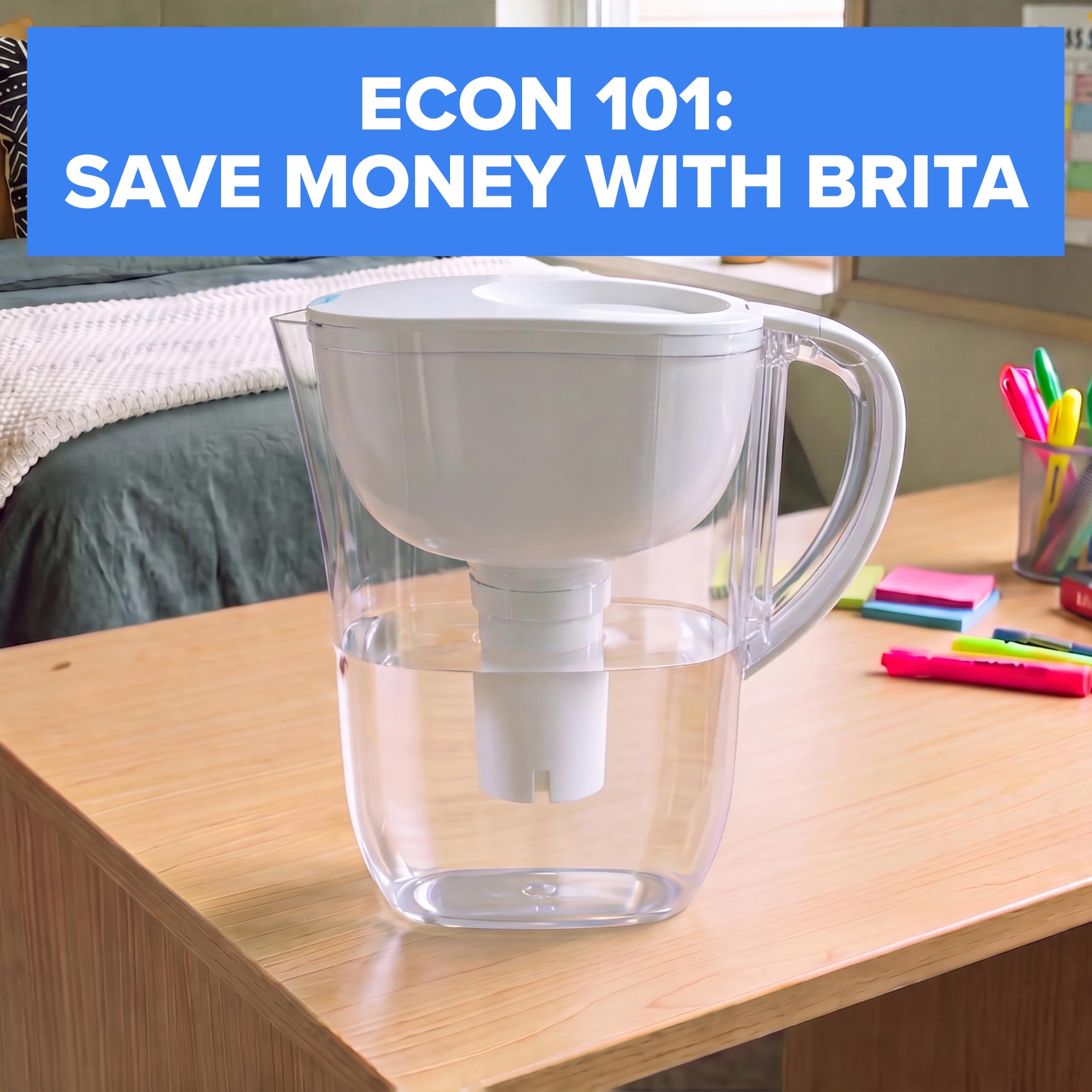 BRITA pitcher beside plastic bottles showing eco-saving replacement benefit