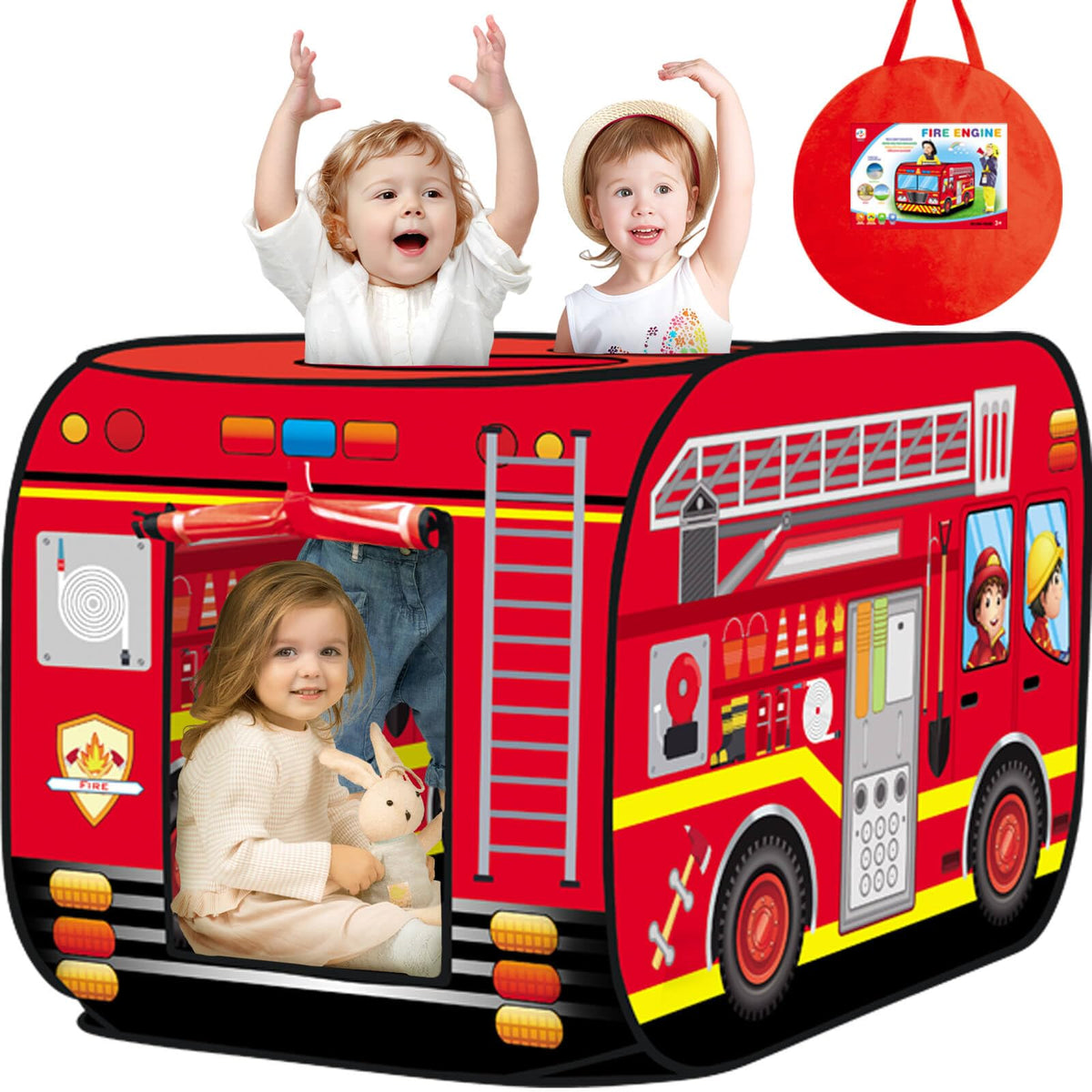 Britik fire truck tent front view showing bright design and play appeal
