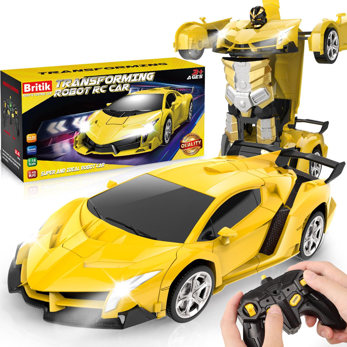 Britik front view of yellow transform car showing design and play appeal