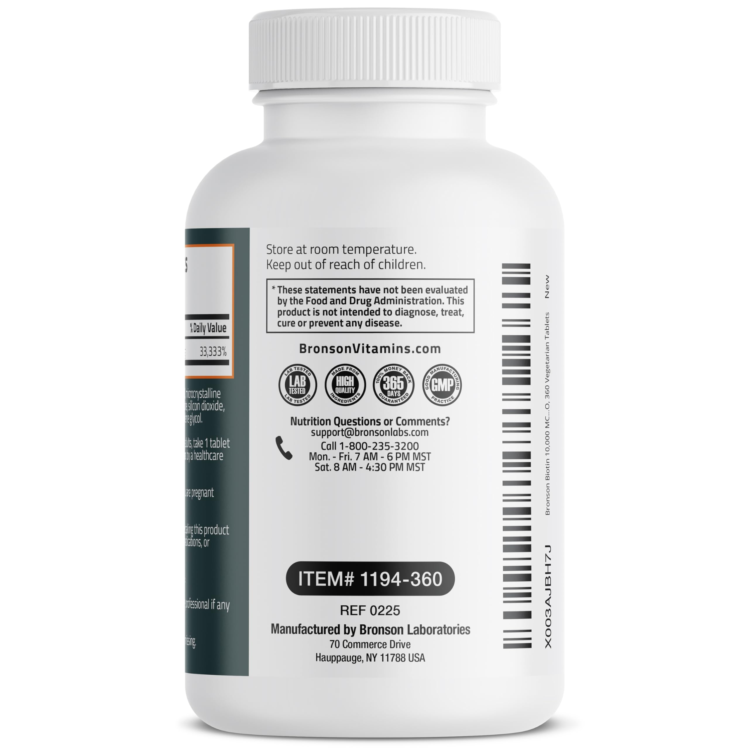 bronson label detail highlighting 10,000mcg, cGMP, gluten-free and testing