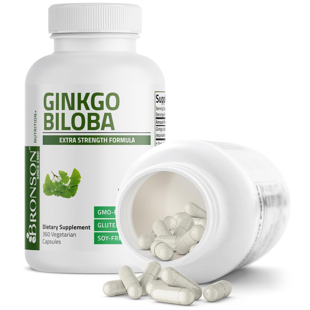 Array of Bronson Ginkgo capsules spread to illustrate dosage consistency and quality