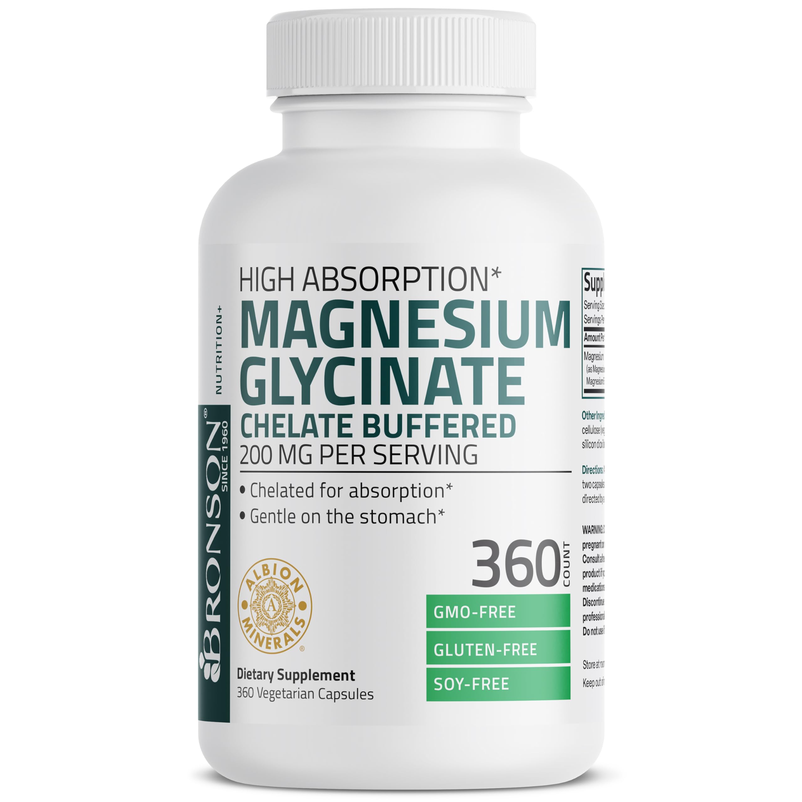 Supplement facts panel of Bronson Magnesium Glycinate showing 200 mg dosage per capsule