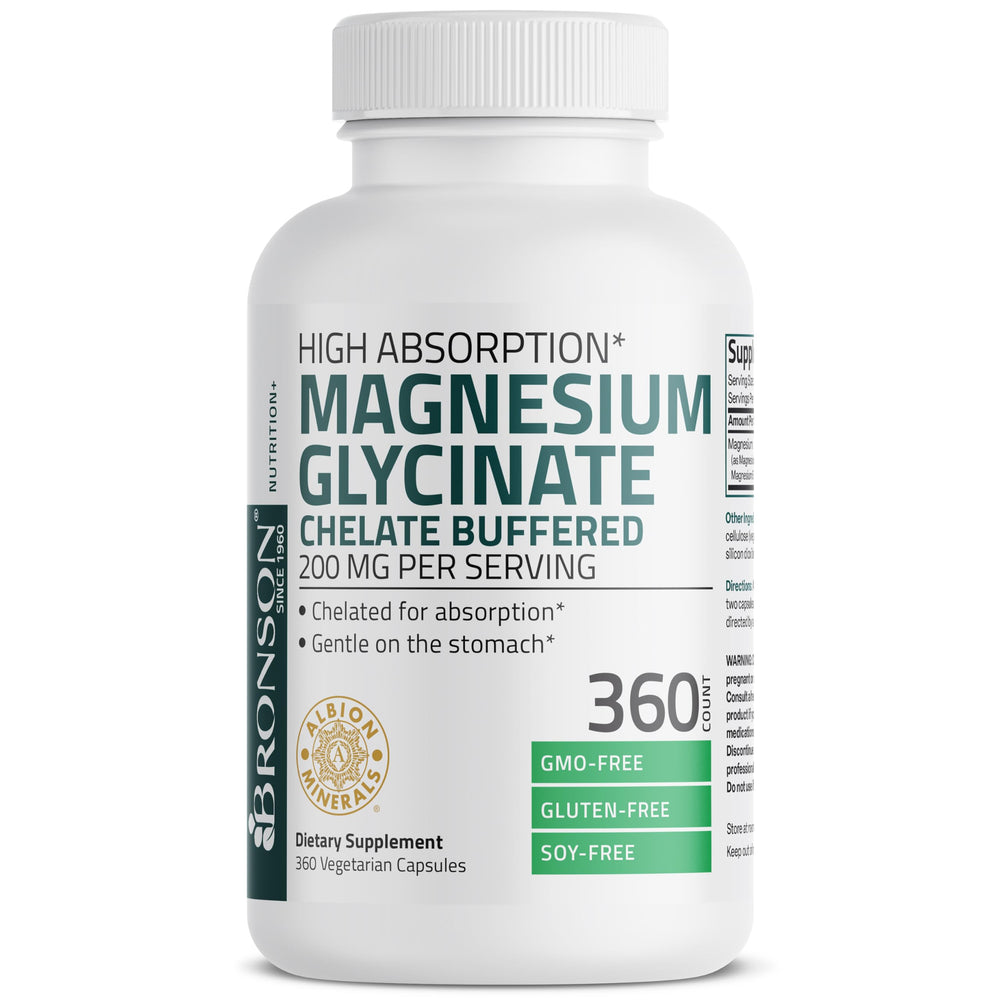 Supplement facts panel of Bronson Magnesium Glycinate showing 200 mg dosage per capsule
