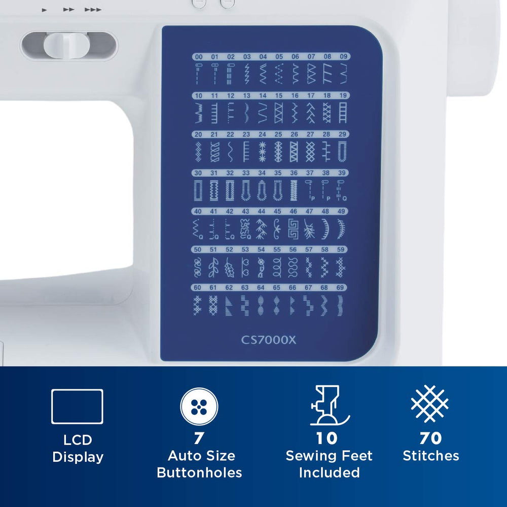 Brother CS7000X drop-in bobbin access demonstrating jam-resistant loading