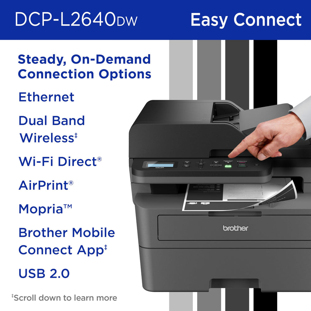 Brother DCP-L2640DW rear view of Ethernet and USB ports for flexible wired networking
