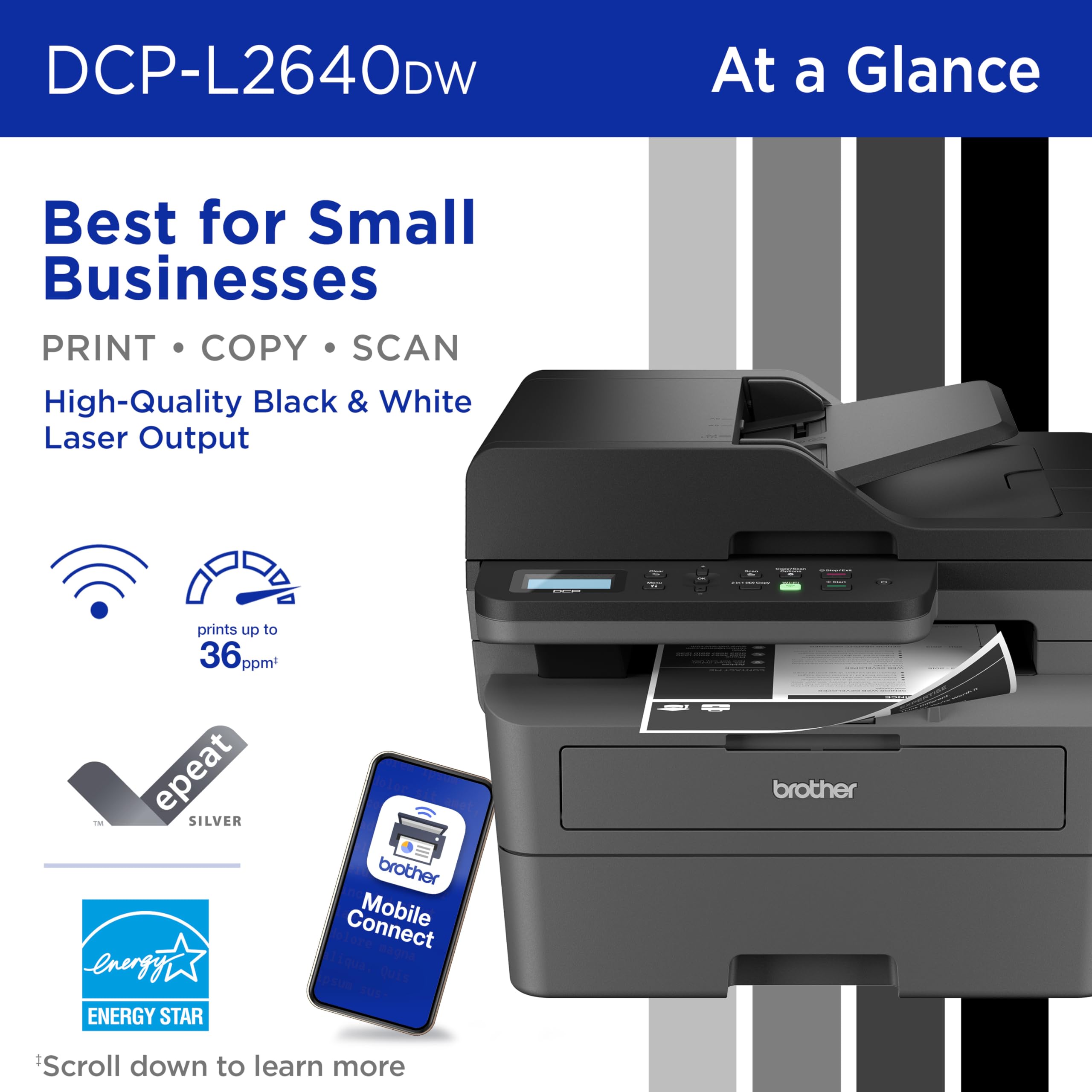 Brother DCP-L2640DW control panel closeup with menu display for easy device management