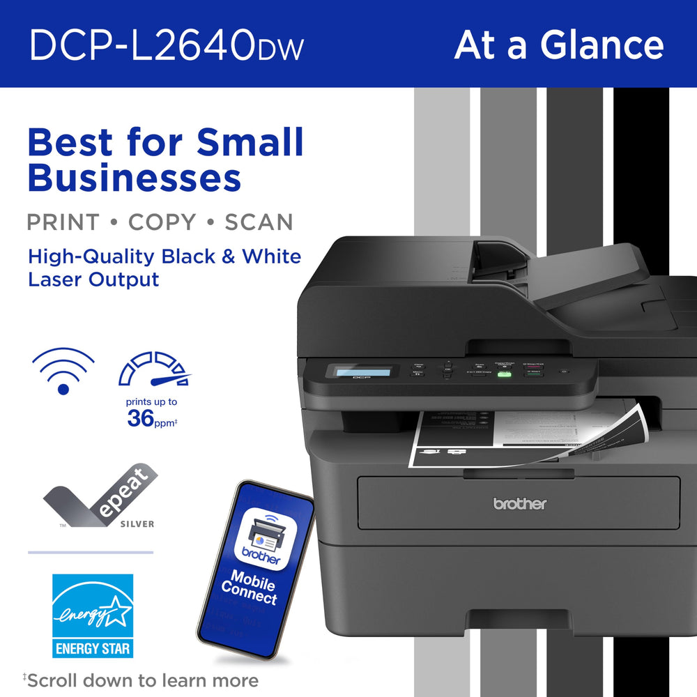 Brother DCP-L2640DW control panel closeup with menu display for easy device management