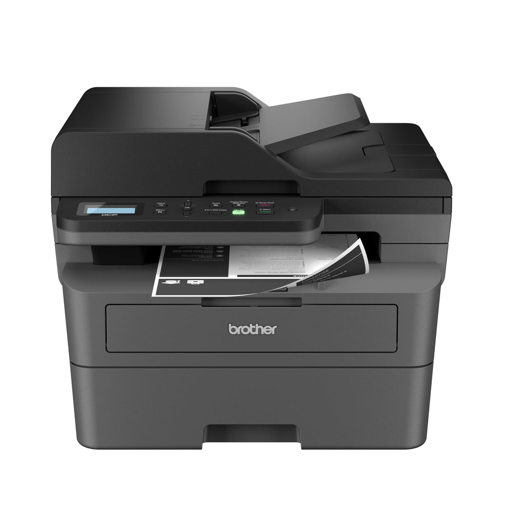 Brother DCP-L2640DW front angled view showing compact monochrome printer, ideal for small offices