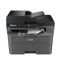 Brother DCP-L2640DW front angled view showing compact monochrome printer, ideal for small offices