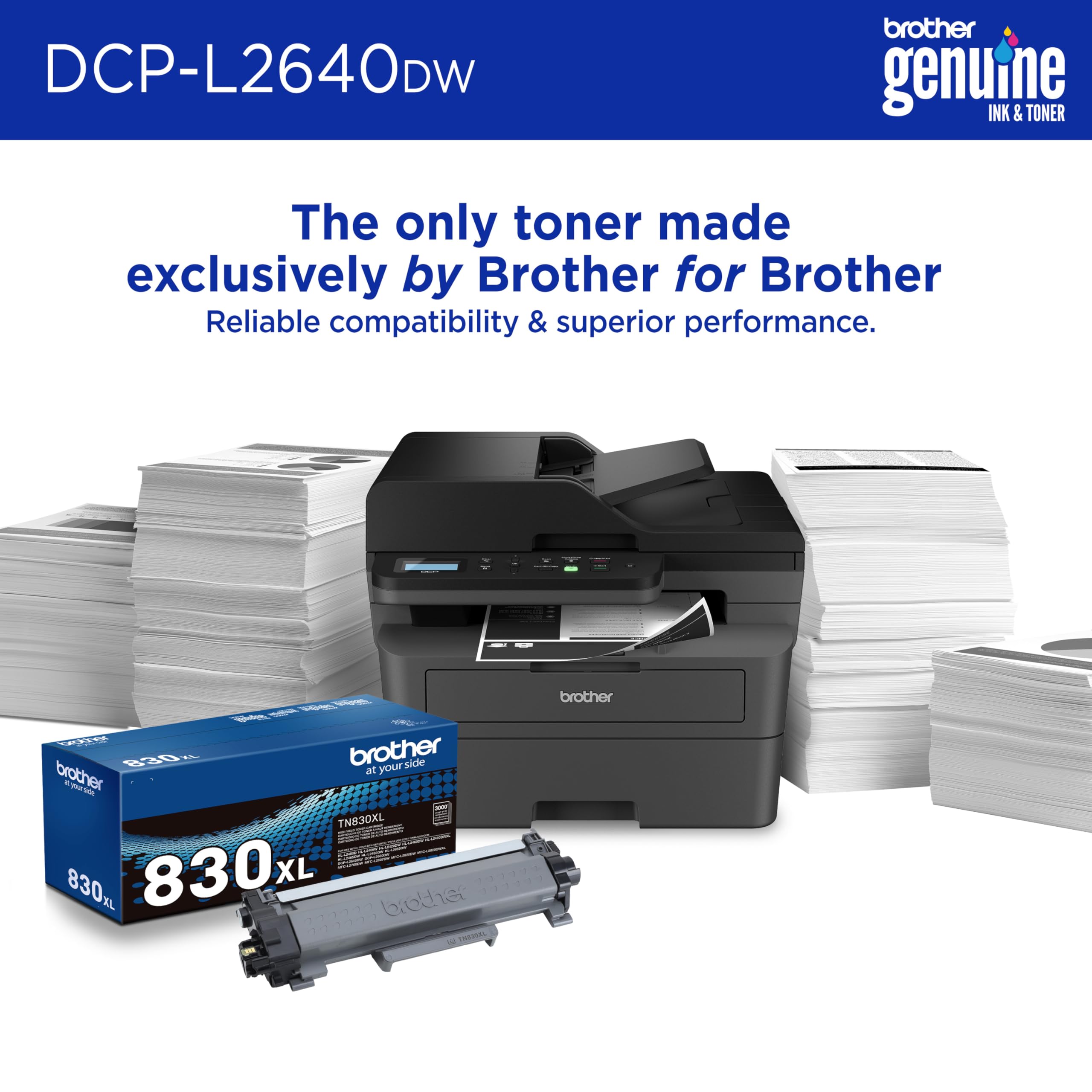 Brother DCP-L2640DW output tray with crisp black-and-white pages showing fast 36 ppm printing
