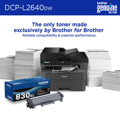 Brother DCP-L2640DW output tray with crisp black-and-white pages showing fast 36 ppm printing