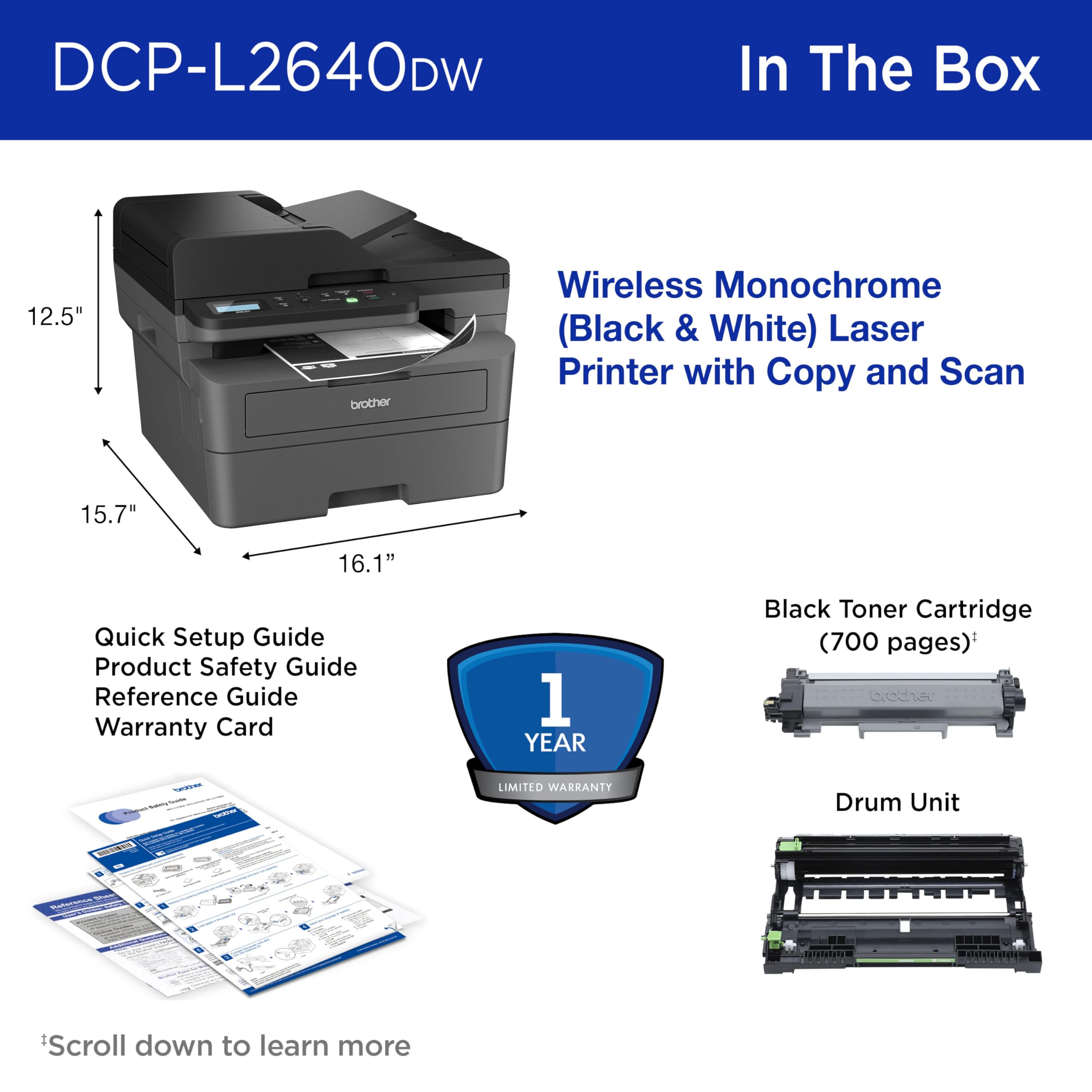 Brother genuine toner and drum near the DCP-L2640DW to show reliable supply compatibility