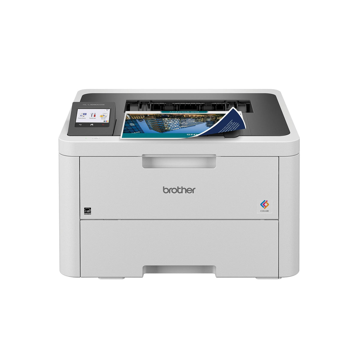 Brother front view showing compact color laser printer, saves desk space