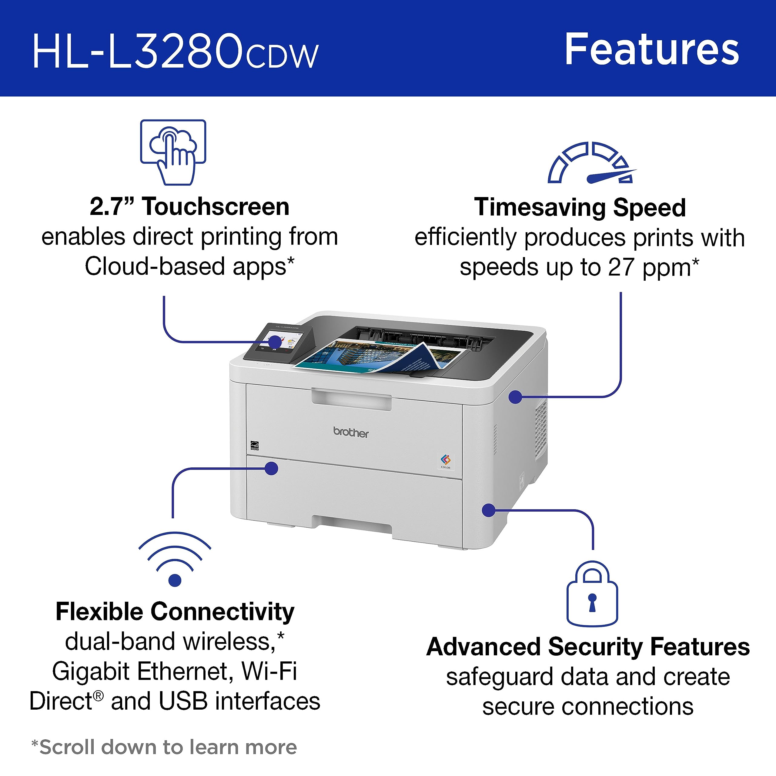 Brother output tray with crisp color documents, produces smudge-free prints